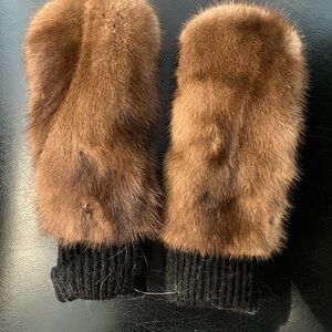 Real mink Brown Fur Mittens with Black Knit Cuffs